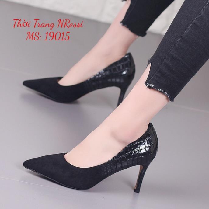 N1D ❤FREESHIP50K❤ Giày cao gót nhung đen phối vân cá sấu big size 7cm size lớn 40 41 42 43 44