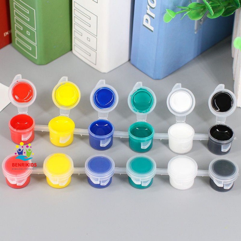 Sét 6 Màu Sơn Kèm Cọ Tô Màu, Màu Acrynic Dùng Để Pha, Tô Khủng Long Gỗ Chưa Sơn Của Đồ Chơi Gỗ