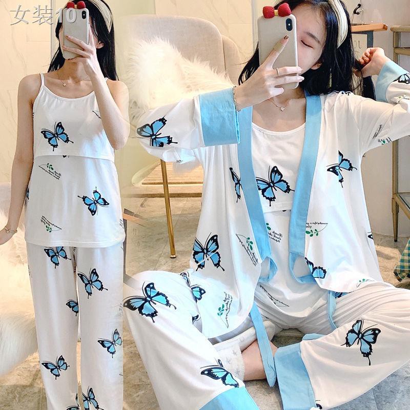 ■✟Bộ quần áo bầu mùa xuân và thu sau sinh cho con bú đồ ngủ cotton ba mảnh bà khi mang thai đông