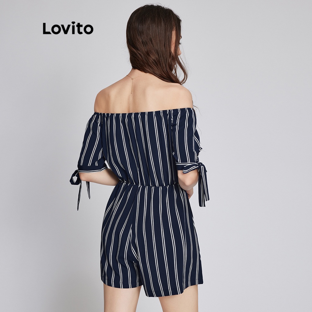 Áo liền quần Lovito phong cách boho kẻ sọc thắt nút hở vai eo co giãn L26LD080 (màu xanh lam)