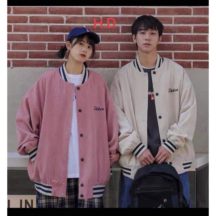 Áo Khoác Bomber Tikker cúc bấm nam nữJacket Unisex Chất nhung tăm Form &lt;55kgÁo Bóng Chày Phong cách Thể thao