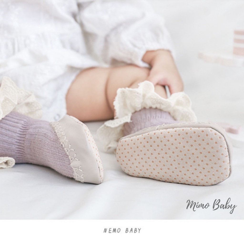 Giày tất tập đi chống trơn trượt viền ren cho bé mimo baby T07