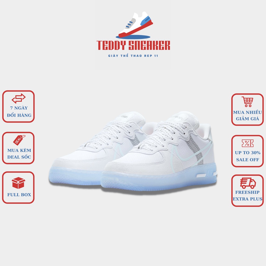 Giày Thể Thao 𝗔𝗙𝟭 React White Ice Trắng Đế Dạ Quang Nam Nữ, Giày Sneaker AF1 Air Force 1 React Full Box