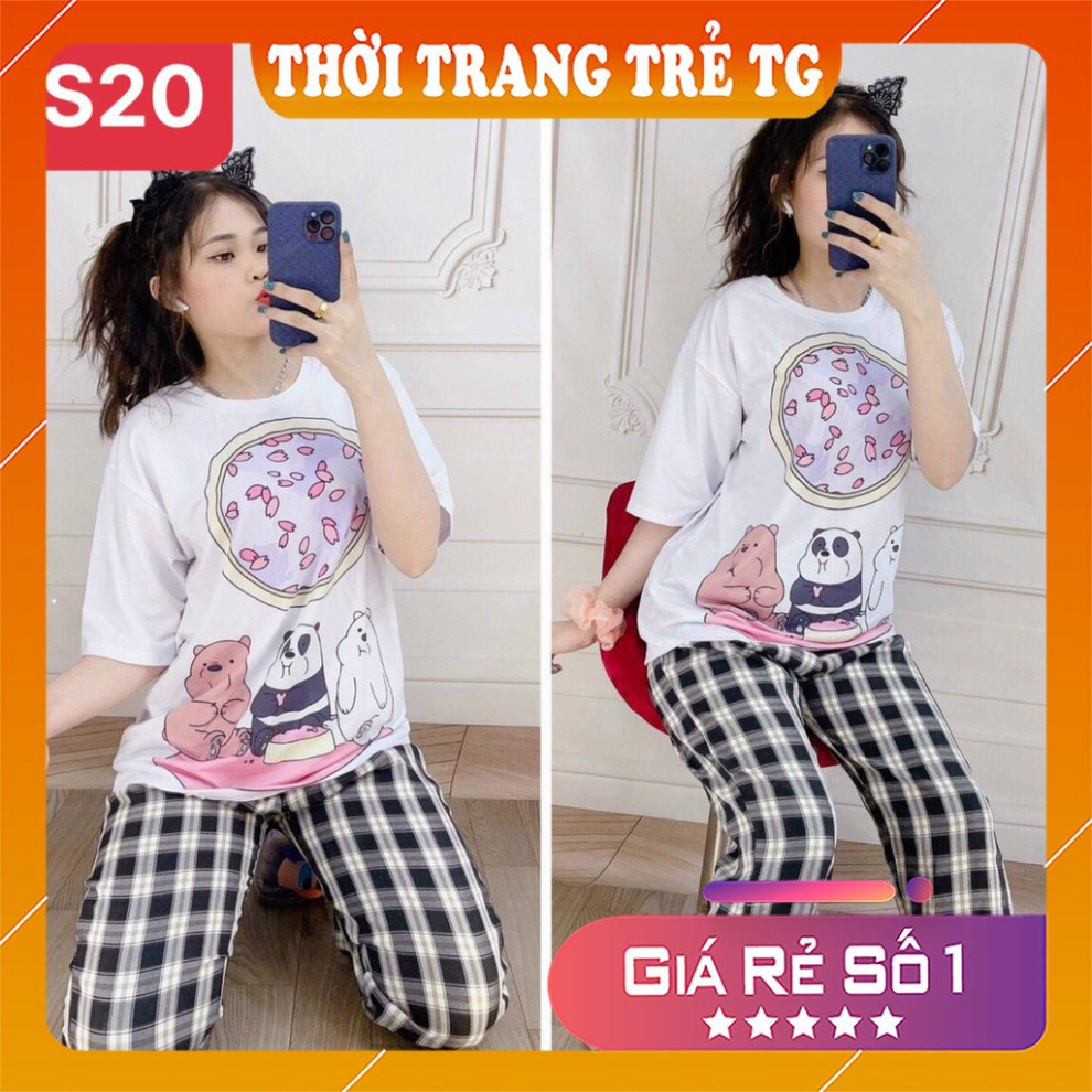 Đồ bộ nữ 𝑭𝒓𝒆𝒆𝒔𝒉𝒊𝒑 Set Đồ Bộ Quần Sọc Caro Ống Rộng S17 Hình Gấu Freesize Form Rộng Cực Thoáng Mát