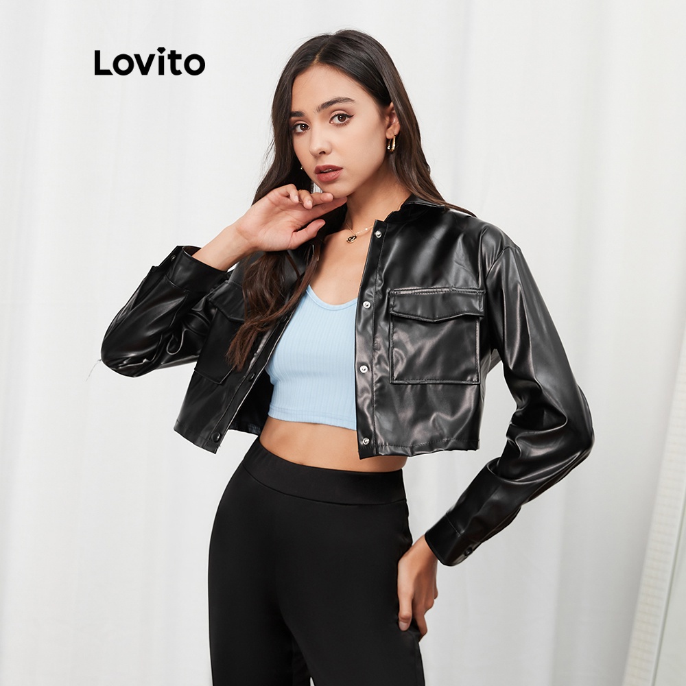 Áo khoác Lovito L07019 cổ bẻ thiết kế đơn giản (màu đen)