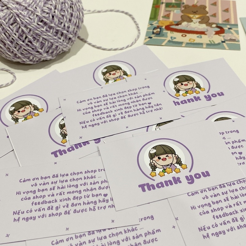 Combo card cảm ơn thank you cô gái dễ thương màu tím