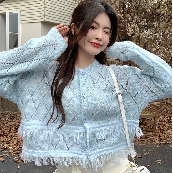 Áo cardigan ZHELIHANGFEI dệt kim tay dài lưng cao phối tua rua dễ phối đồ cho nữ