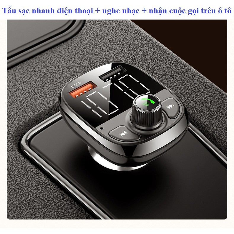 Tẩu phát nhạc Bluetooth trên ô tô, hỗ trợ đàm thoại rảnh tay,màn hình hiển thị - Sạc nhanh QC3.0