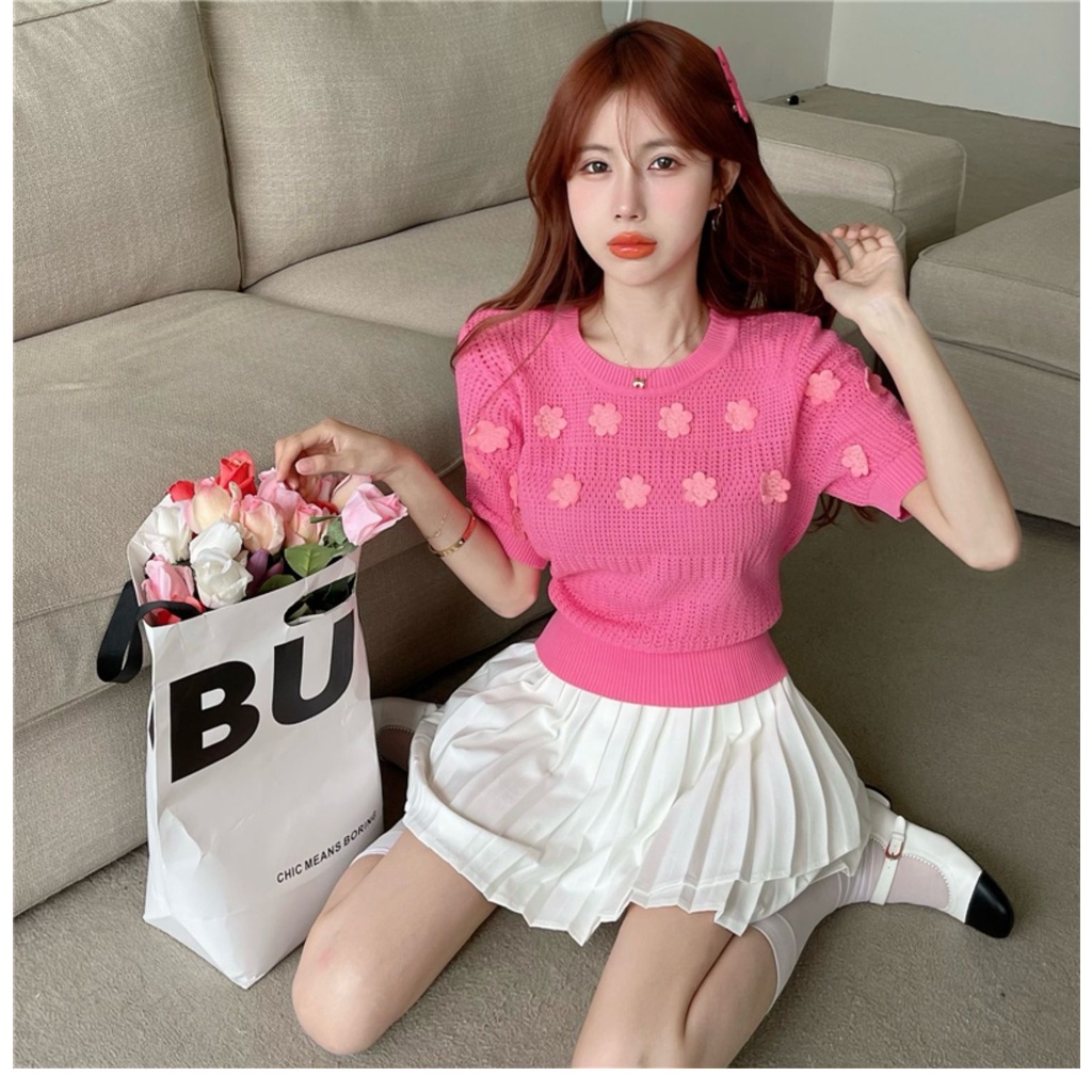 Áo thun ZHELIHANGFEI tay ngắn phồng họa tiết hoa dễ phối đồ thời trang cho nữ