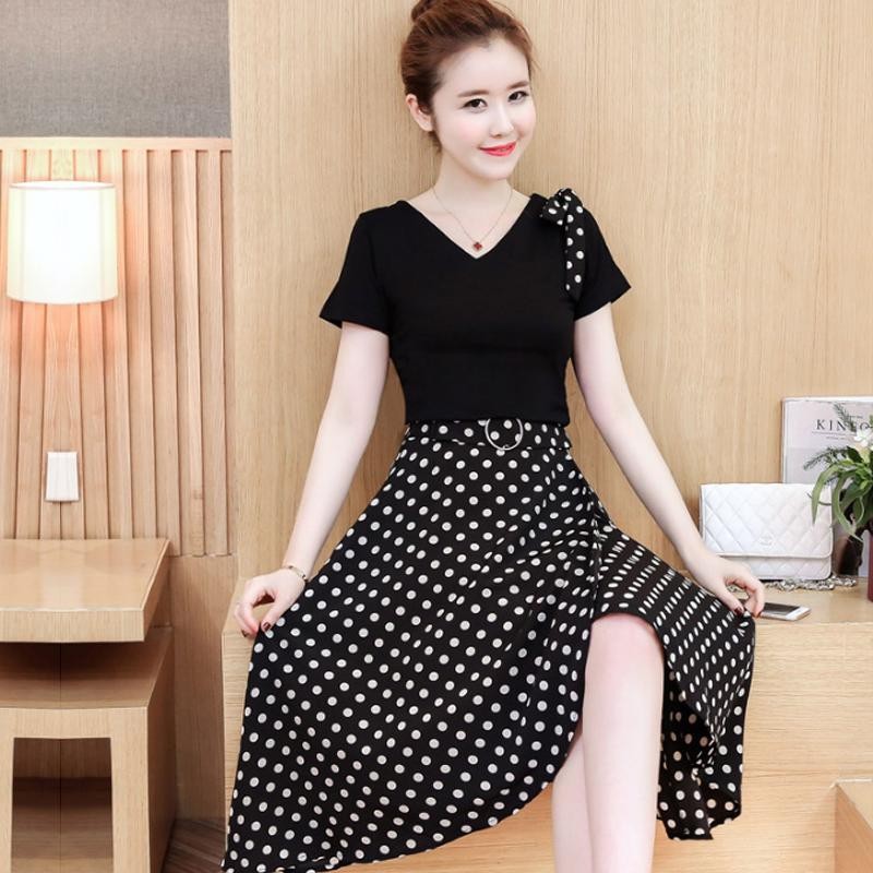 Đầm maxi xòe dự tiệc chấm bi nơ vai cao cấp