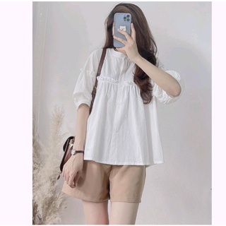 Sét áo babydoll kèm quần sooc đũi nâu xinh sắn - Sét áo babydoll điệu mix quần sooc nâu