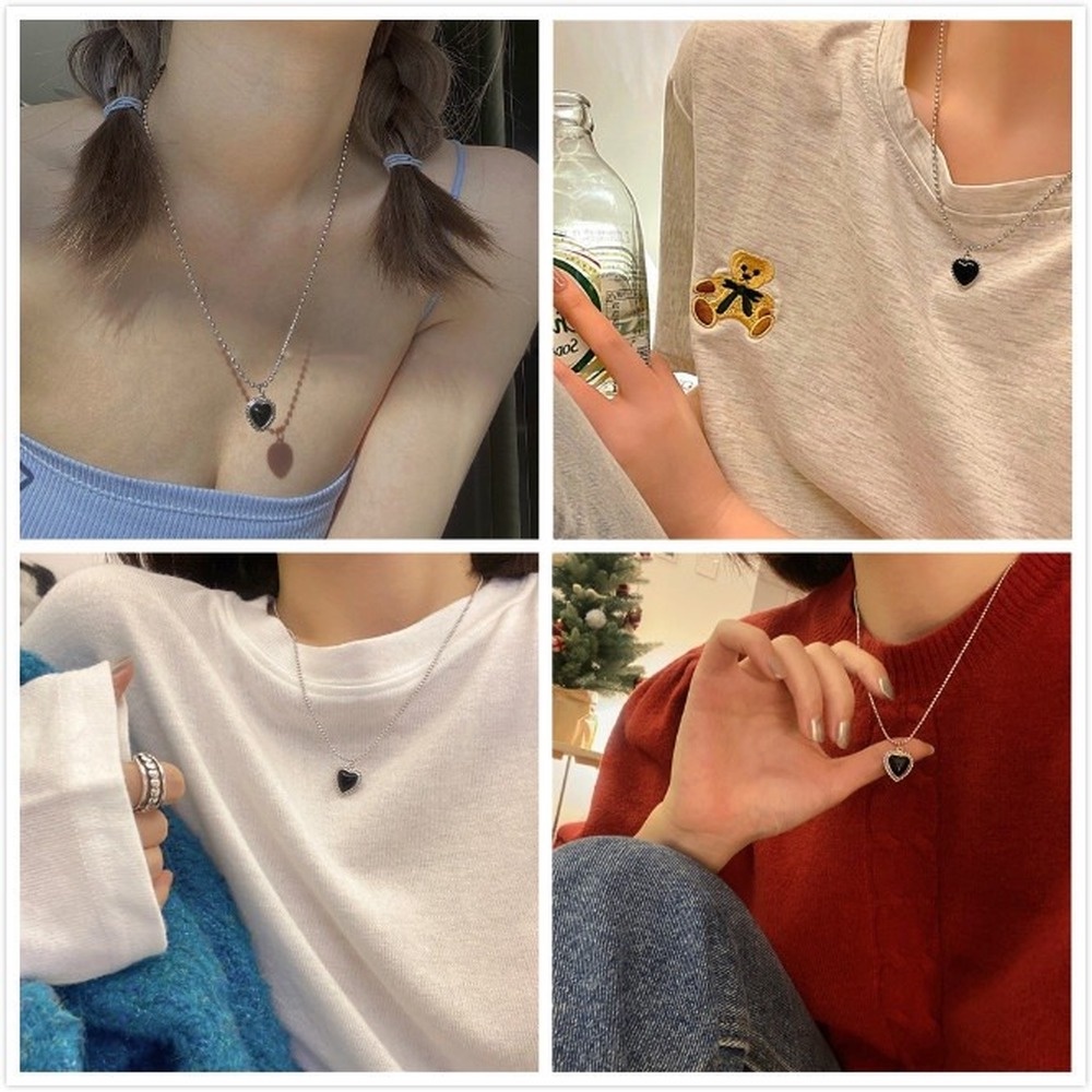 Vòng cổ bạc 17KM có mặt dây hình trái tim màu đen thiết kế đơn giản