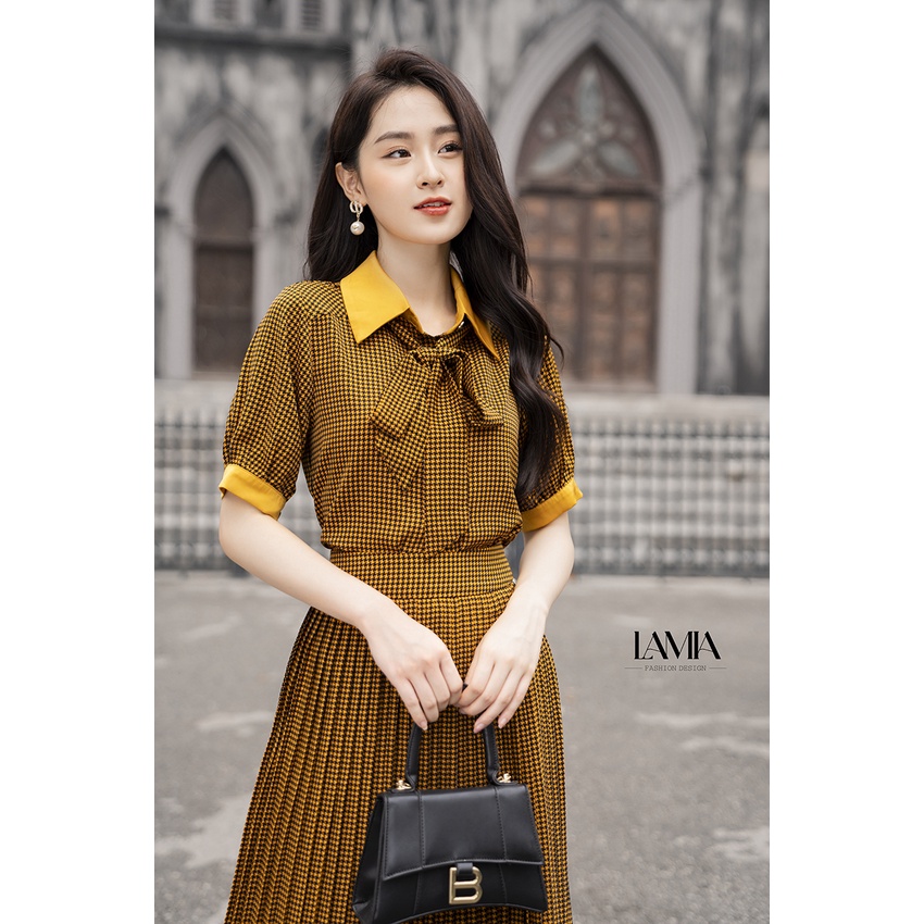 Set sơ mi nữ hè Lamia Design SET004 kẻ nâu đen phối nơ