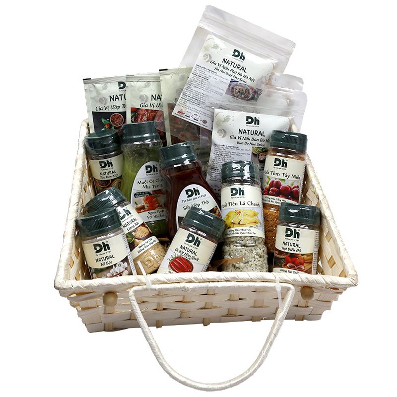 Hộp Quà Tết Gia Vị Đặc Sản Bột Tỏi/Ớt/Điều/Muối/Tiêu/Sốt/Gia Vị Phở các loại DH Food 1.4KG | BigBuy360 - bigbuy360.vn
