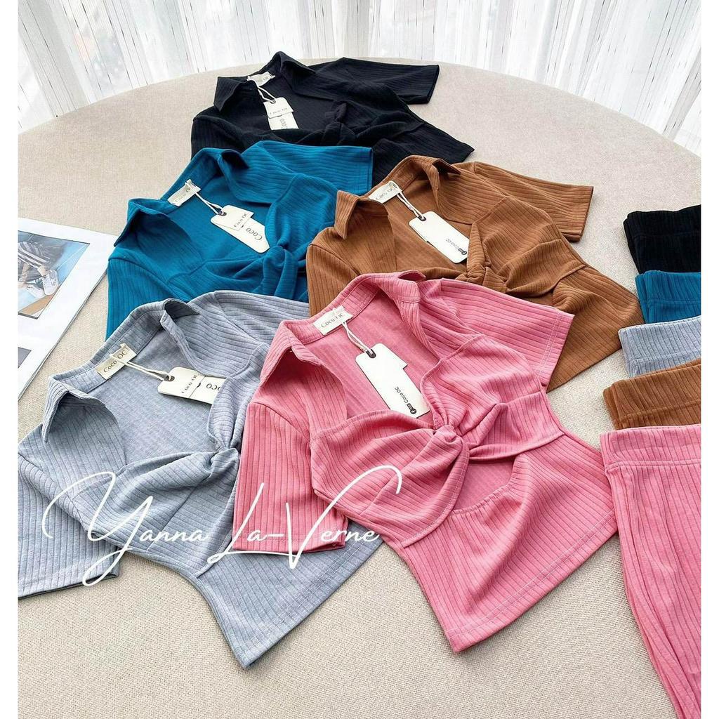 Đồ bộ nữ, set đồ bộ quần ống loe đai cao và áo croptop ôm ngắn tay cổ sơ mi khoét ngực vải gân tăm, bộ đồ mặc ở nhà nữ