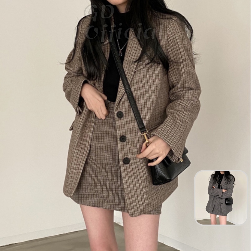 B62|Set bộ dạ blazer âu công sở nữ áo khoác vest tây dài tay,váy cạp lưng cao chữ A rộng thẳng suông sọc caro GDOfficial