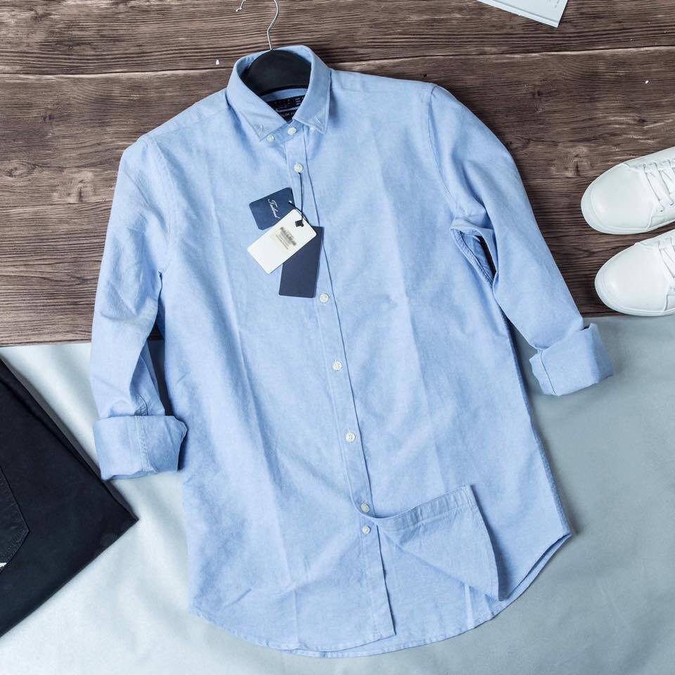 ÁoSơ mi nam trơn cotton gân chéo tay dài Mềm mát thấm mồ hôi (Màu Xanh nhạt) Thời Trang Nam