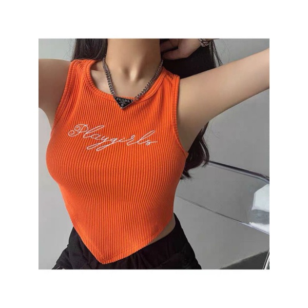 Áo ba lỗ nữ thêu chữ playgirl dáng croptop vạt nhọn thun gân