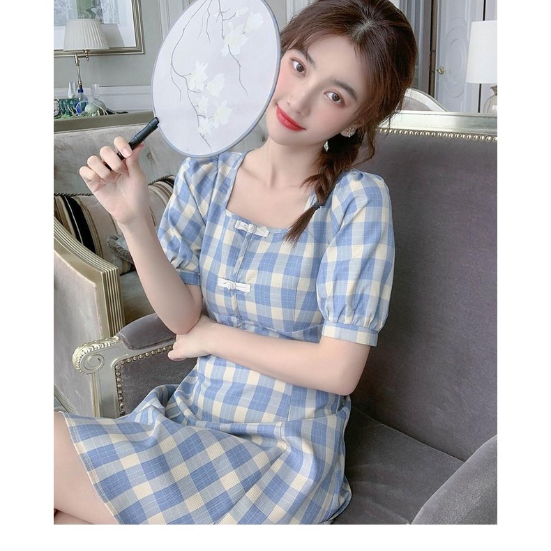 Đầm Chữ A Cổ Vuông Tay Phồng Họa Tiết Kẻ Sọc Xanh Dương Phong Cách Cổ Điển Thời Trang Cho Nữ