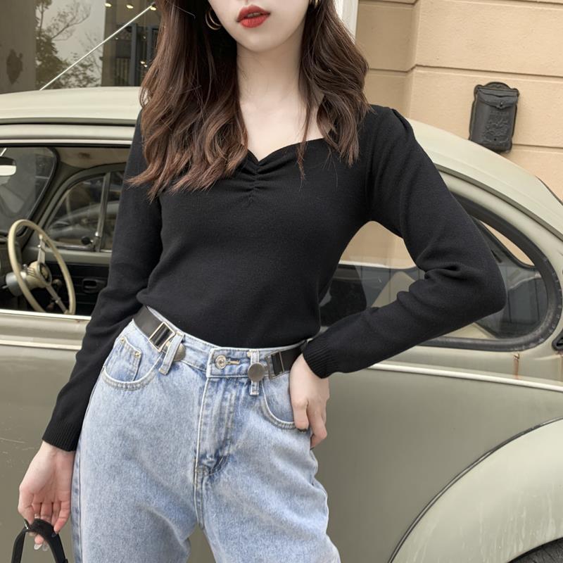 Spring and Autumn New Knit Bottoming Shirt Women Korean Version Slim Slimming Long-sleeved Versatile Top