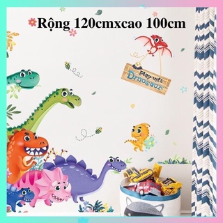 Decal dán tường khủng long, tranh dán tường khủng long sắc màu, trang trí phòng ngủ cho bé
