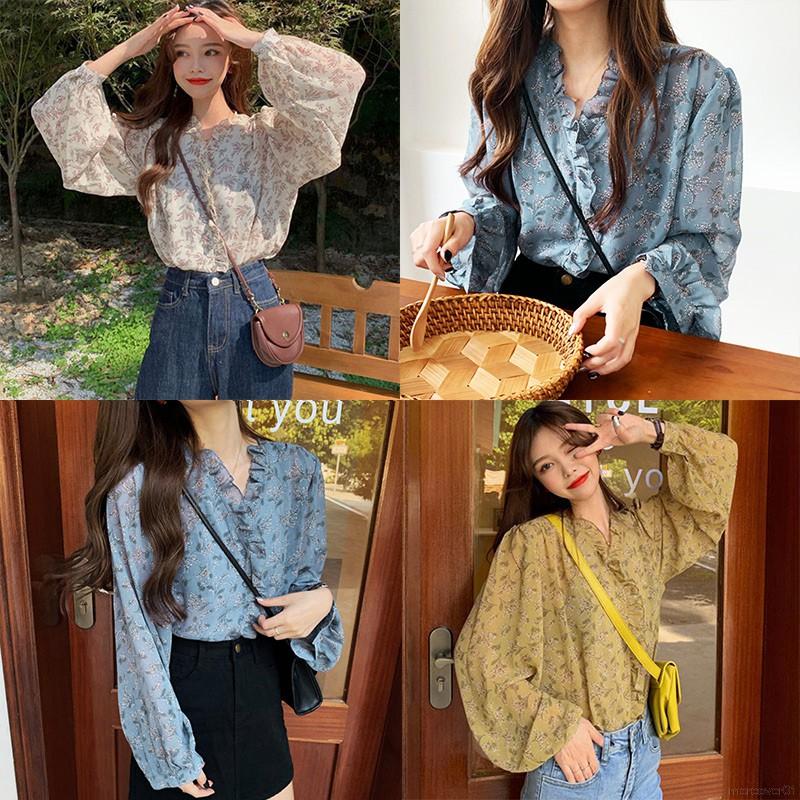 Áo Sơ Mi Dài Tay In Hoa Vải Chiffon Dáng Rộng