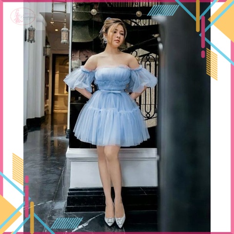 Đầm nữ xòe trễ vai phối tay bồng gợi cảm, xinh xắn, trẻ trung, chất lưới may 2 lớp dày dặn mềm mịn, mát, bền đẹp
