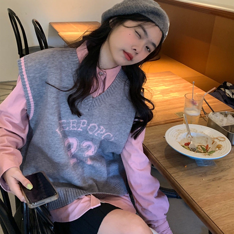 Set áo sơ mi tay dài cổ chữ v số 23 + áo len không tay dáng rộng cho nữ có bán lẻ