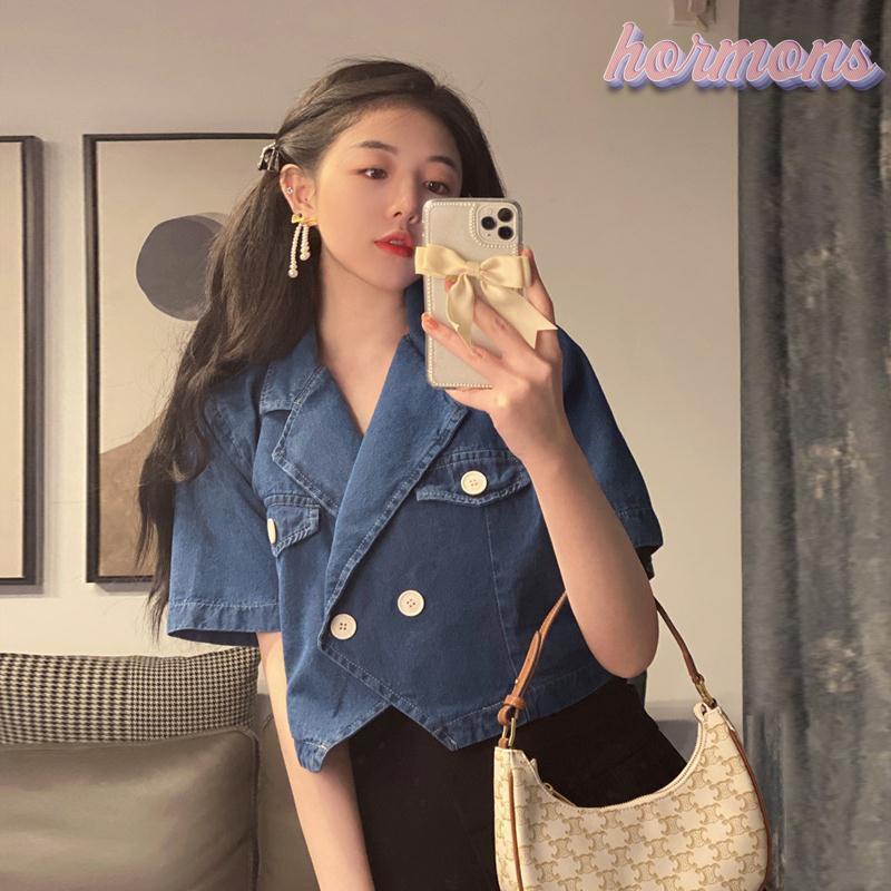 Áo sơ mi denim vạt chéo dáng rộng thời trang Hàn Quốc