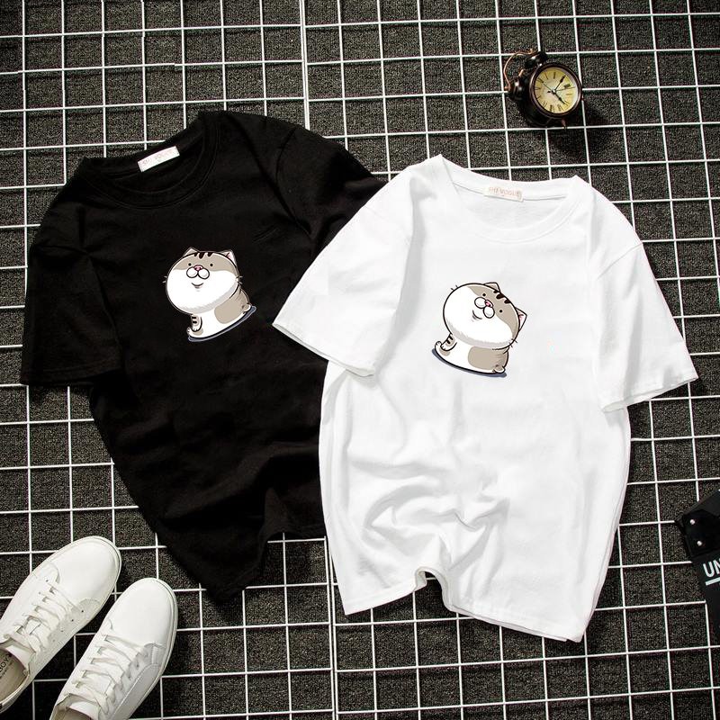 Áo thun unisex form rộng in mèo bụng bự chibi dễ thương vải dày mịn 2019T1120