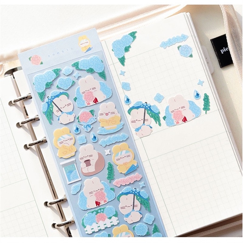 Sticker Hình Dán PET Hình Thỏ Mèo Râu Quăn Lấp Lánh Trang Trí Toploader Bullet Journal