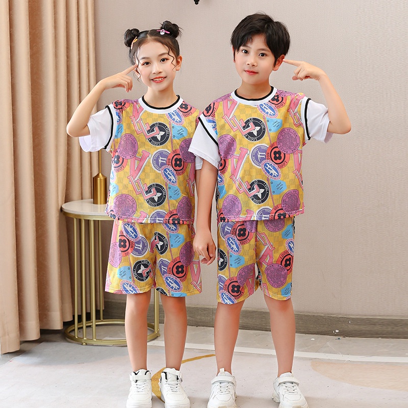 Bộ Đồ Thể Thao Ngắn Tay Giả Hai Mảnh Phối Lưới Thoáng Khí Cho Bé 90-160cm