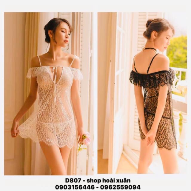 Đầm ngủ nữ rớt vai thun lưới ren sexy quyến rũ hàng xuất khẩu cao cấp - D807 - Đồ ngủ nữ