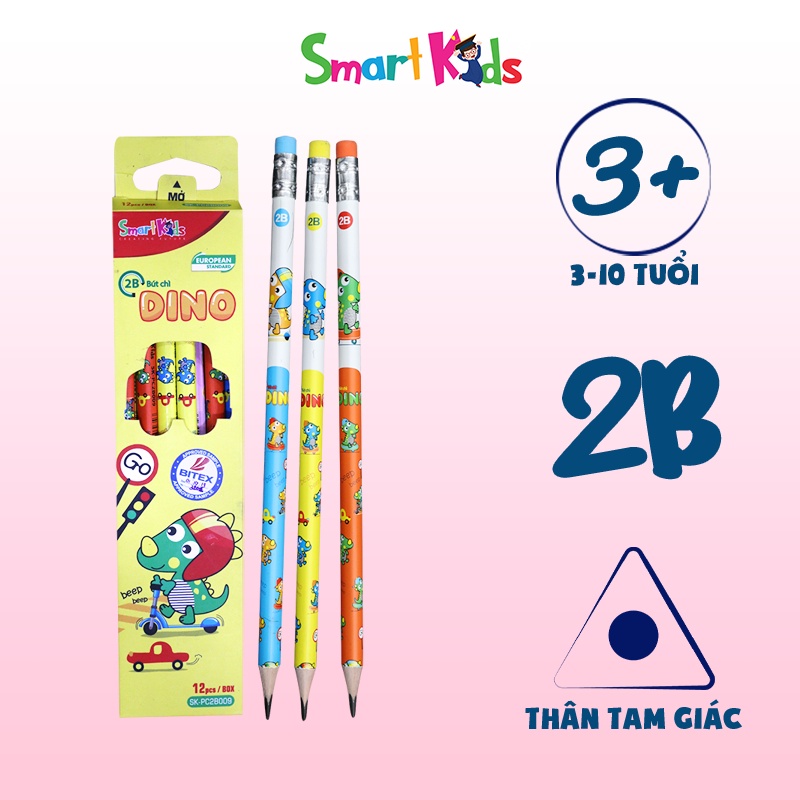 Bút chì Smartkids SK-PC2B009 Dino 2B dành cho học sinh, sinh viên, gỗ mềm, dễ chuốt