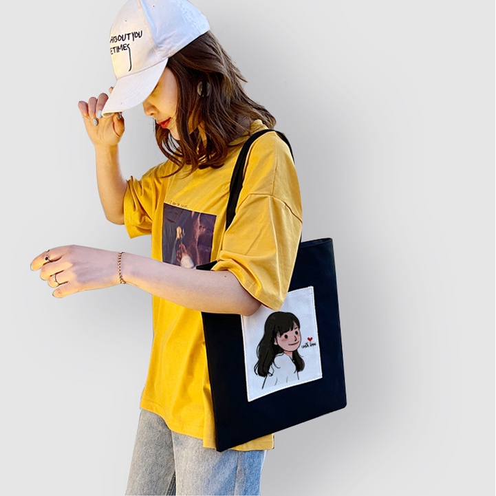 Túi Tote vải túi nhỏ thời trang in hình cô gái đeo vai phong cách Ulzzang đựng vừa sách vở đi học, tài liệu A4, laptop