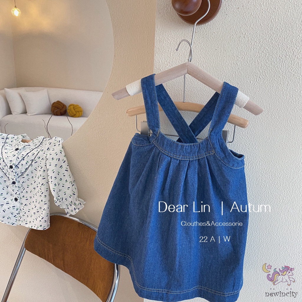 Bộ Áo In Hoa Dễ Thương + Chân Váy Yếm Denim Thời Trang Cho Bé Gái