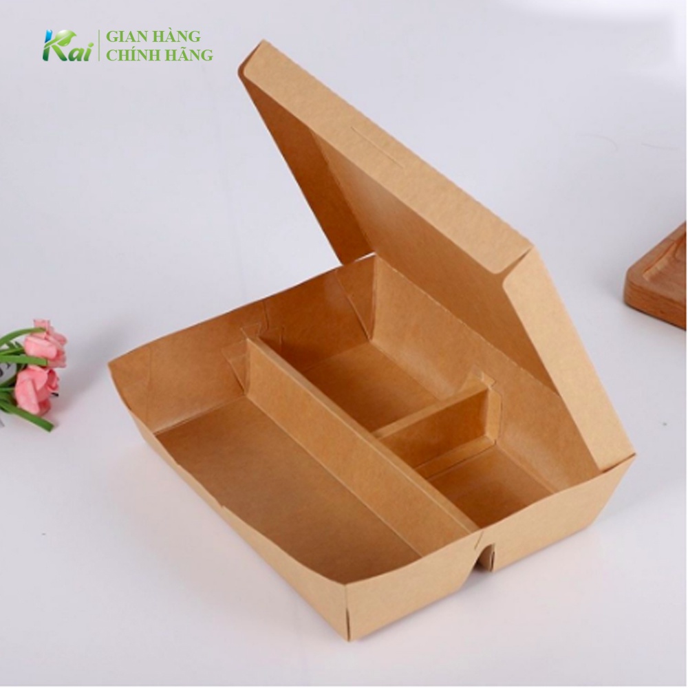 25 - 50 Hộp giấy Kraft 3 hoặc 4 ngăn cao cấp, đựng thức ăn, thực phẩm, cơm mang đi..., có cán màng PE bên trong, GIÁ SỈ