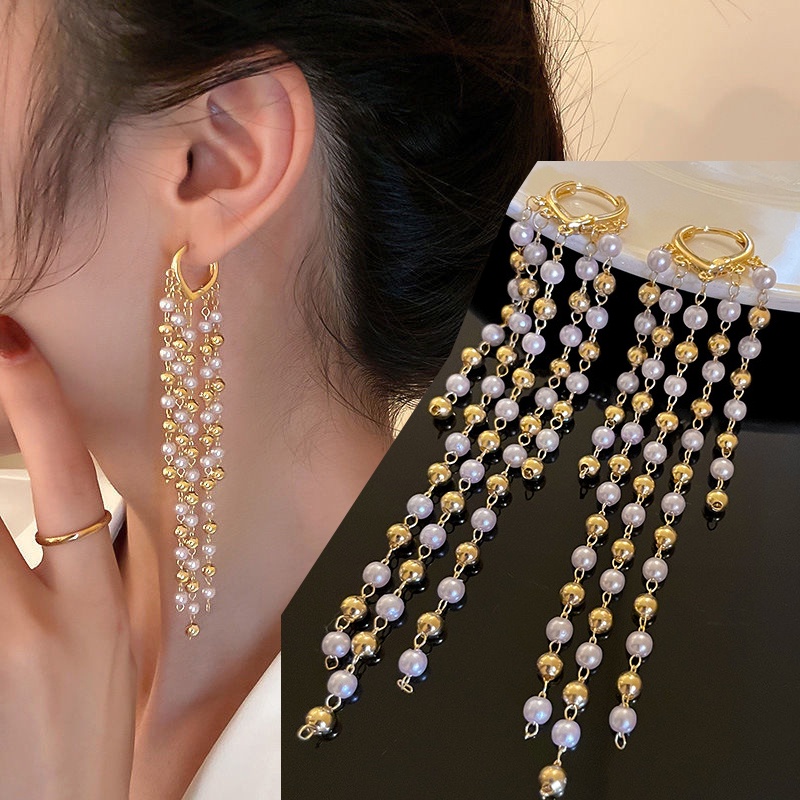 Khuyên Tai Tua Rua Dài Đính Ngọc Trai Sang Trọng Thời Trang Cho Nữ