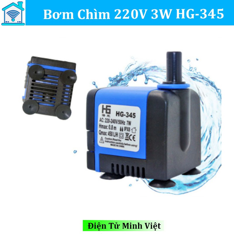 Bơm chìm mini 220V 7W 450L/h HG-345 bơm tiểu cảnh, bể cá, điều hòa nước