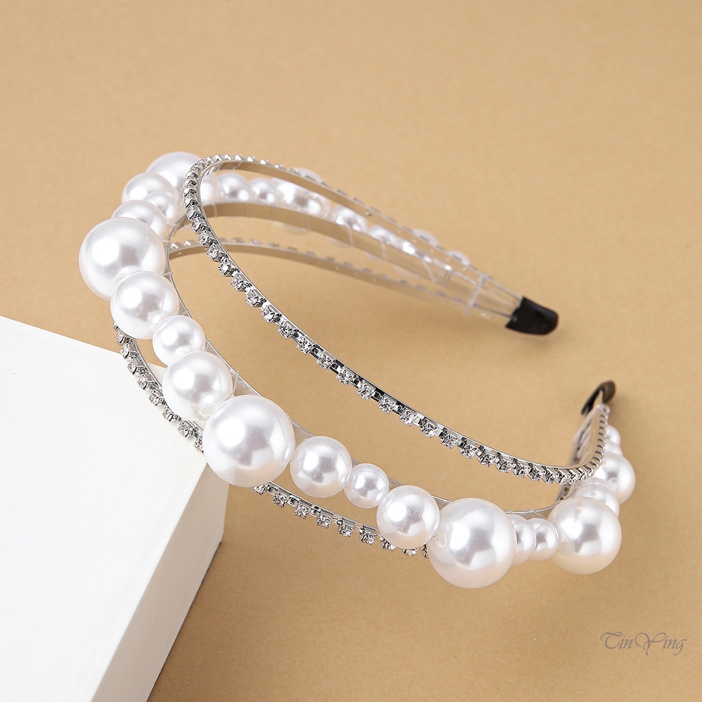 GETNOIVAS Băng Đô Cài Tóc Đính Ngọc Trai Hai Hàng Cá Tính Cho Phù Dâu Đám Cưới