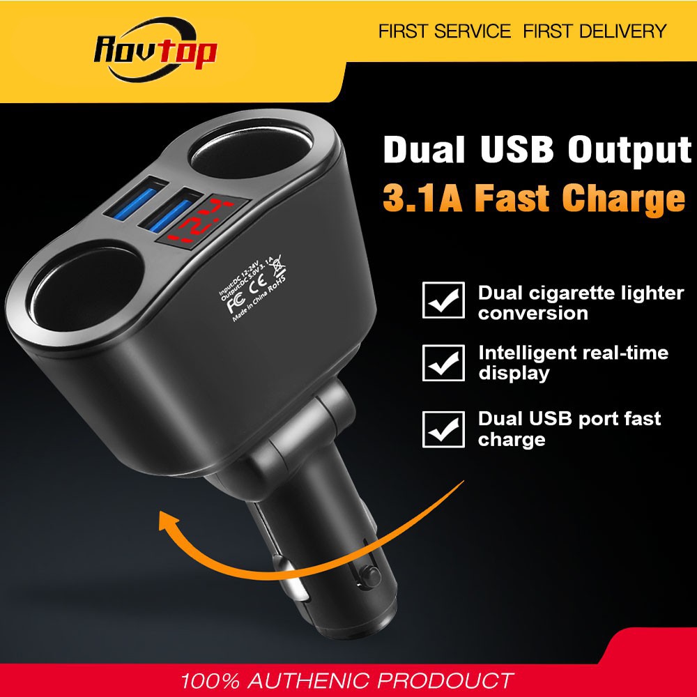 NHANH CHÓNG 3.1A Bộ sạc xe hơi USB với Volt Đồng hồ USB Dual USB Bật lửa Ổ cắm Bộ chia LED Bộ sạc xe hơi Bộ sạc 90W