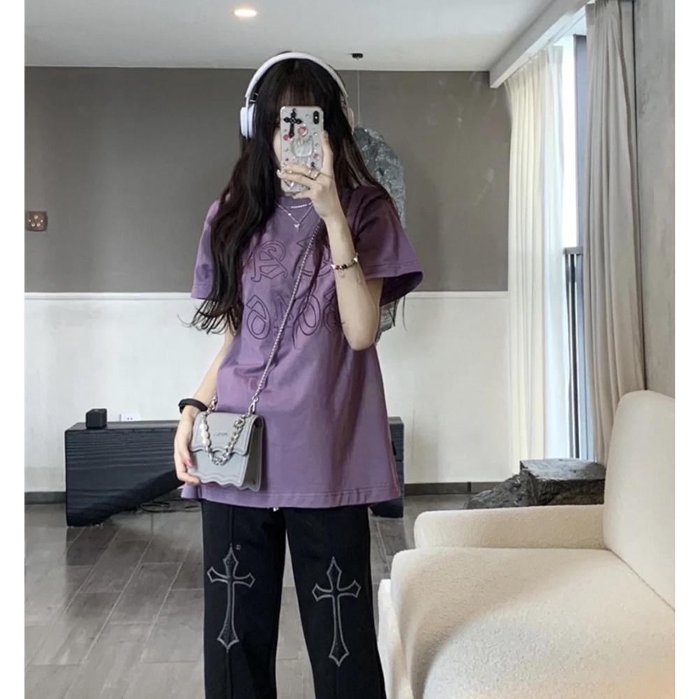 Áo Thun cotton Ngắn Tay Cổ Tròn In Họa Tiết retro Mỹ Cho Nữ