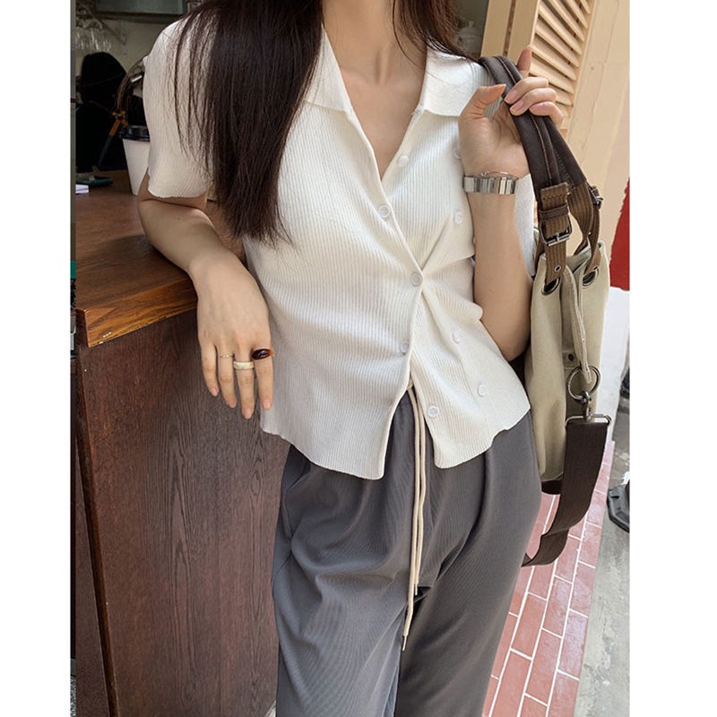 Áo thun dệt kim mỏng tay ngắn cổ Polo phong cách Hàn Quốc thời trang mùa hè hàng mới