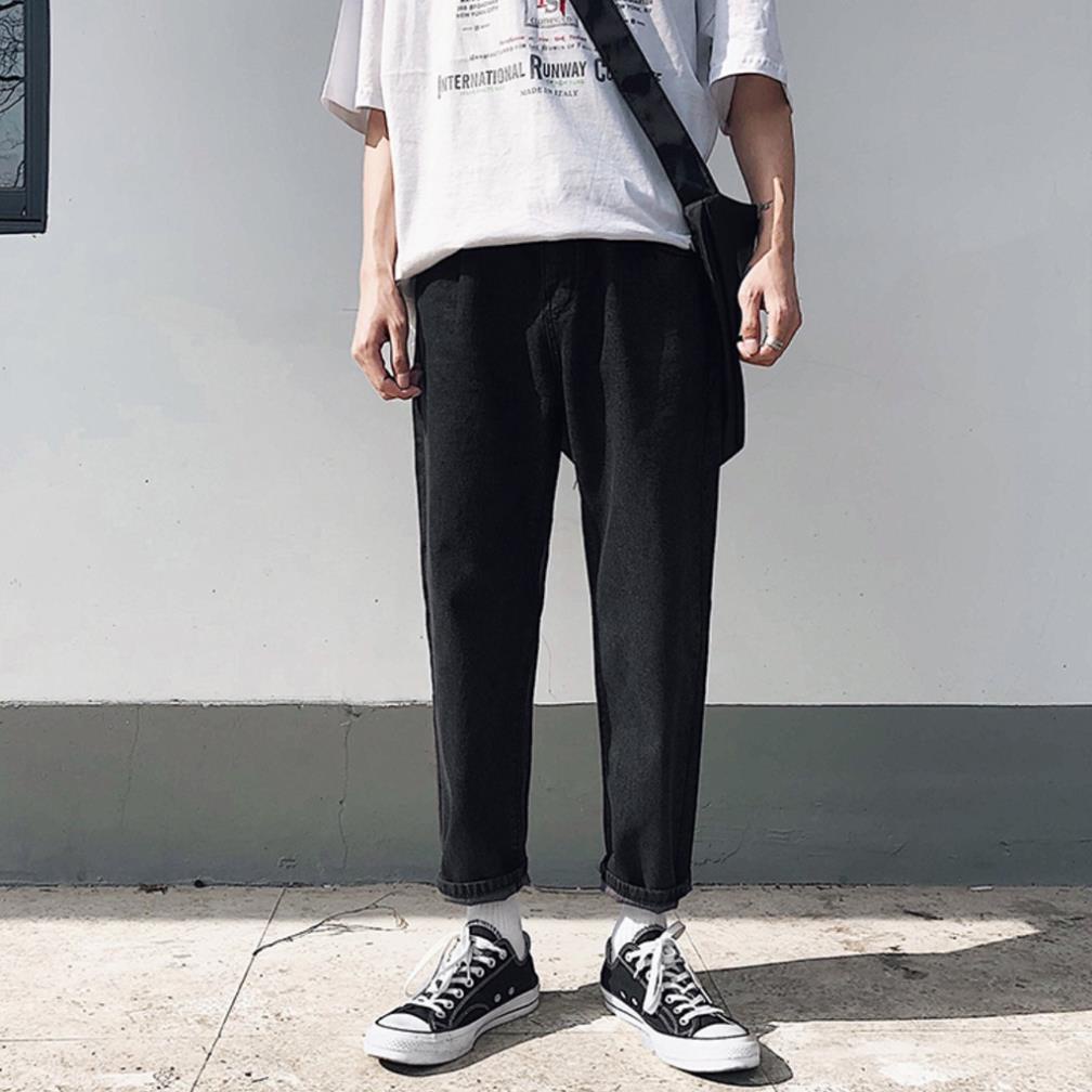 Quần Jean Baggy Nam Ống Rộng Màu ĐEN Trơn Basic Unisex Vải Co Giãn-B01 Đẹp