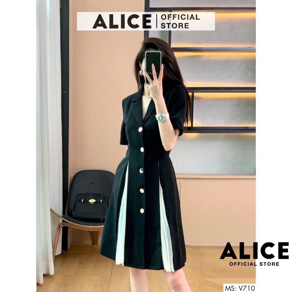 Đầm Công Sở Cổ Vest Phối Dập Ly ALICE V710, Váy Đen Thiết Kế Tôn Dáng Sang Trọng | BigBuy360 - bigbuy360.vn