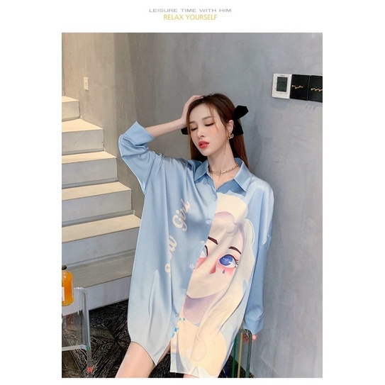 Đầm ngủ sơ mi in hình cô gái tóc mây lụa satin cao cấp quảng châu