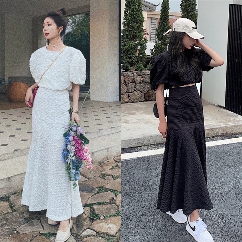 SET ÁO XỐP BO CHUN PHỒNG + CHÂN VÁY ĐUÔI CÁ (TH)