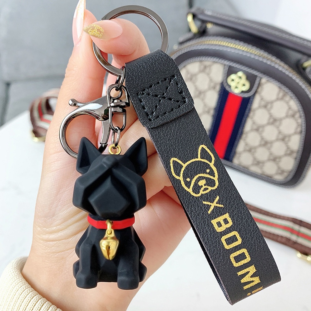 Móc gắn chìa khóa mặt hình chú cún bull đáng yêu với dây da PU kiểu Pháp cá tính