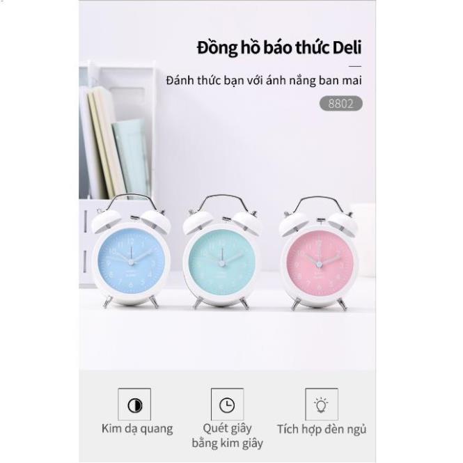 [Tặng pin] Đồng hồ báo thức Deli - Xanh dương/Xanh lá/ Hồng - 8802
