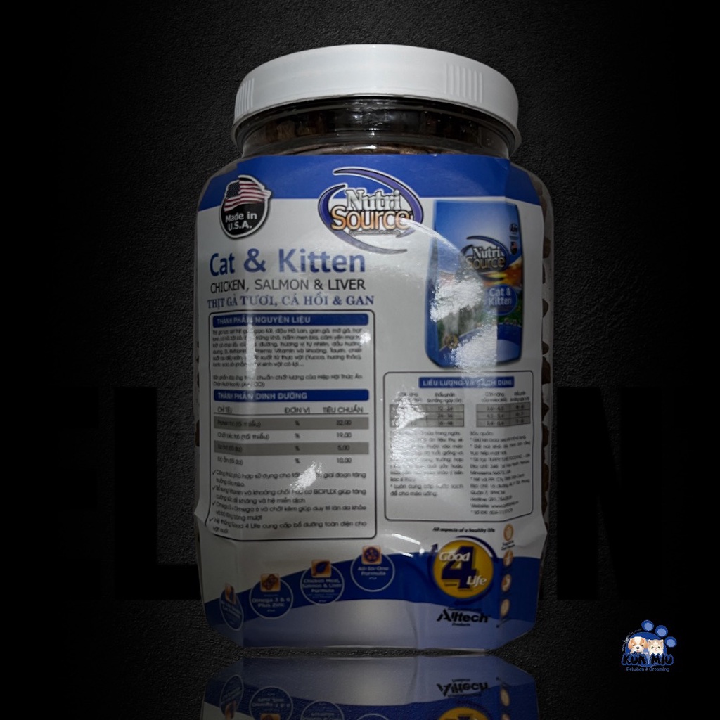 Thức ăn cao cấp dành cho mèo con và mèo trưởng thành Nutri Source vị Gà và Cá Hồi - Hộp 1kg